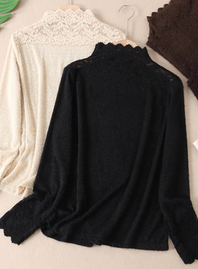 法式温柔蕾丝钩花镂空半高领长袖打底衫女秋冬花边内搭上衣 F344