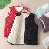 加绒轻薄保暖马甲女菱形格子绗线马夹背心坎肩内搭发热外套F100