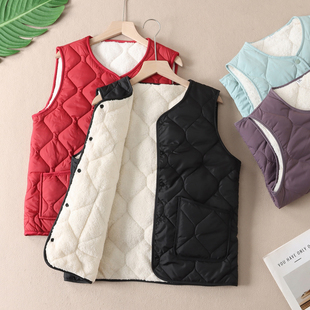 加绒轻薄保暖马甲女菱形格子绗线马夹背心坎肩内搭发热外套F100