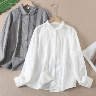 温婉减龄蕾丝边日系文艺双层纯棉纱衬衫 W29 女春秋叠穿打底衬衣