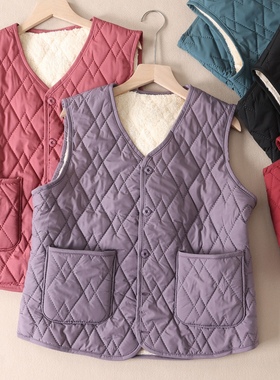 秋冬加绒马甲外套女纯色菱格V领内搭无袖坎肩外穿马夹背心W259