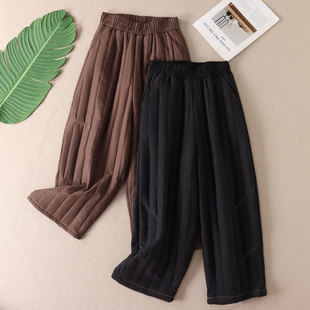 腔调感绗线压棉复古宽松阔腿裤女冬高腰夹棉加厚保暖长裤子 F95