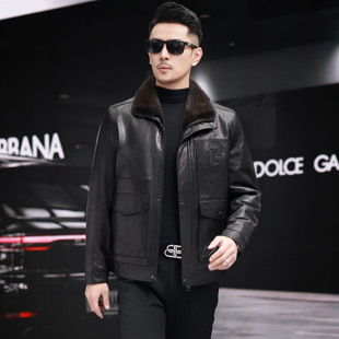 海宁真皮衣男山羊皮短款整水貂毛领皮毛一体内胆大衣冬季皮草外套