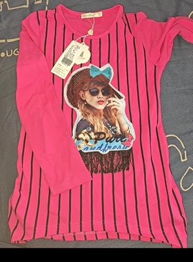 清仓，正品春秋圆领条纹亮片长袖T恤，女童