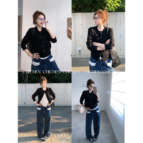 CHICHEN--30、100羊毛早秋字母纽扣针织开衫