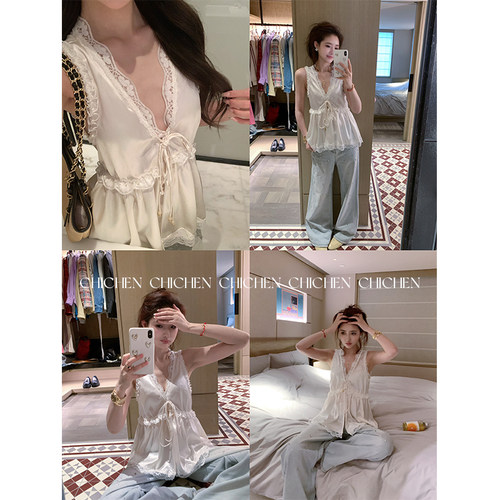 CHICHEN- chol*e重工桑蚕丝锻面感蕾丝上衣