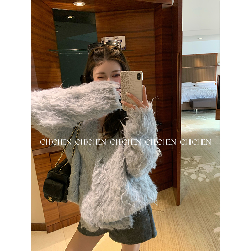 CHICHEN-北海道织梦-松绒风针织毛衣开衫宽松中长款