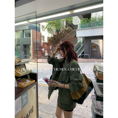 CHICHEN晨妍 水洗棉工装外套女2025新款韩系早秋绿色休闲夹克上衣