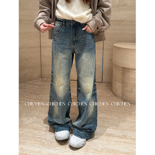 直筒裤 CHICHEN晨妍 女秋2025新款 重工水洗做旧牛仔裤 子 时光凿痕
