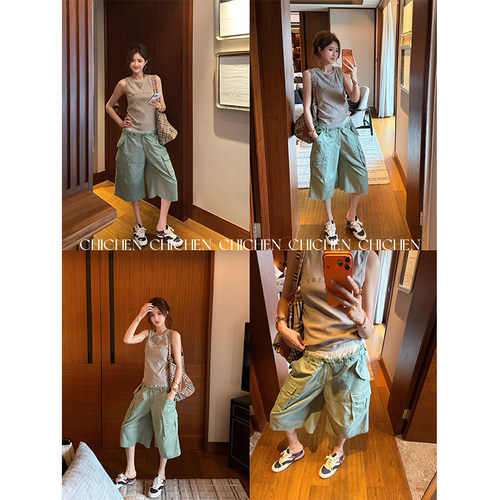 CHICHEN-100棉双层腰头重磅洗褪棉料做旧工装中裤