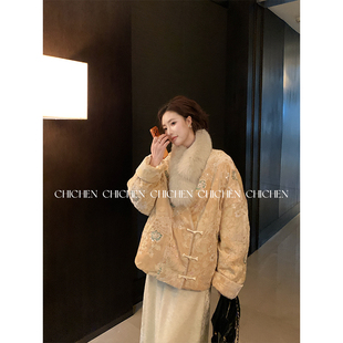 CHICHEN-90白鸭绒新中式定制丝绒珠绣羽绒服外套