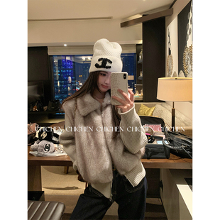 CHICHEN晨妍 超爱小暖包 双色染尖针织拼接环保皮草外套女冬短款