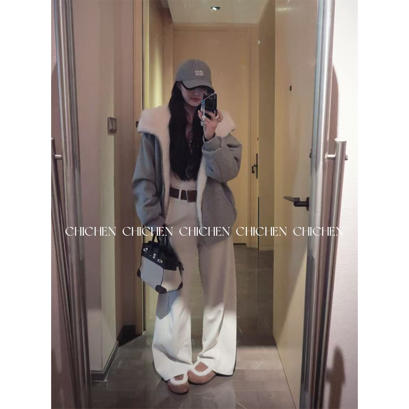 CHICHEN晨妍 绒绒小雪人 正反两穿环保仿皮草连帽卫衣外套女秋冬