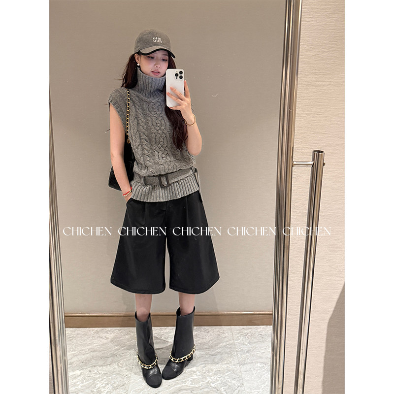 CHICHEN晨妍 气质的搭配伴侣 编织高领小飞袖绞花套头毛衣女马甲