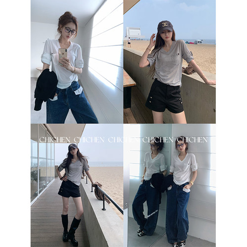 CHICHEN-C位口袋T-亚麻混纺侧腰褶皱 V 领口袋短袖 T 恤