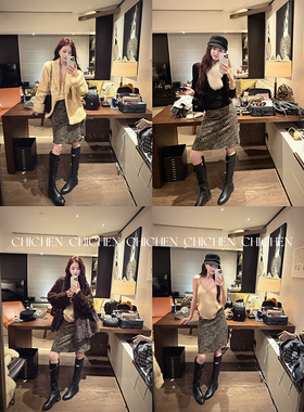 CHICHEN晨妍 性感小豹 弹力腰头豹纹A字半身裙女2025新款冬短裙子