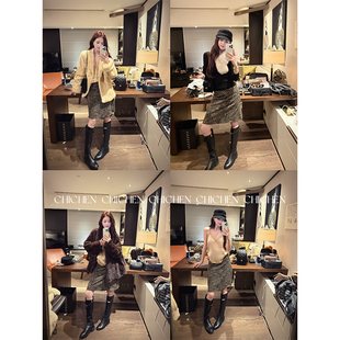 CHICHEN晨妍 性感小豹 弹力腰头豹纹A字半身裙女2025新款冬短裙子