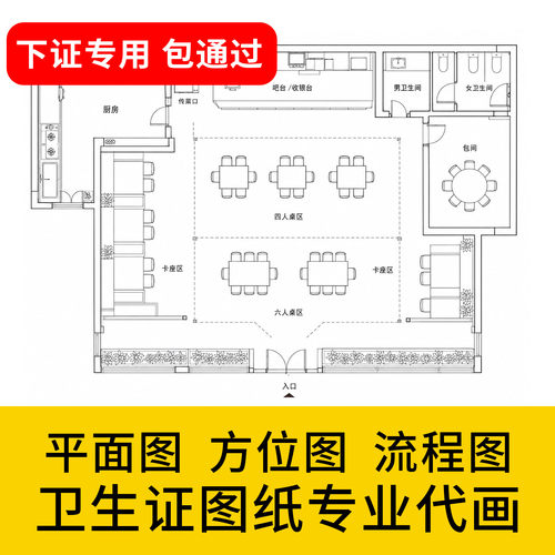 平面图代画餐饮食品安全许可证卫生许可证厨房cad画图设计图布局