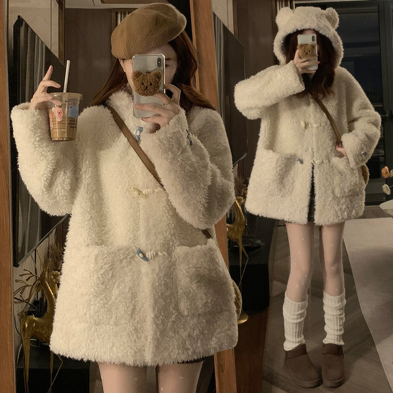 秋冬皮毛棉衣女士外套2025冬季新款牛角扣连帽毛绒保暖大衣