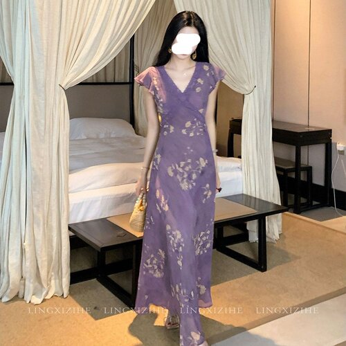 MOOUNCUNS/莫纯2026法式紫色碎花小飞袖连衣裙女春夏蕾丝掐腰长裙