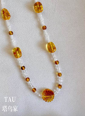 流金岁月 | 精品手作花珀向日葵白水晶串珠手工长款小众项链送人