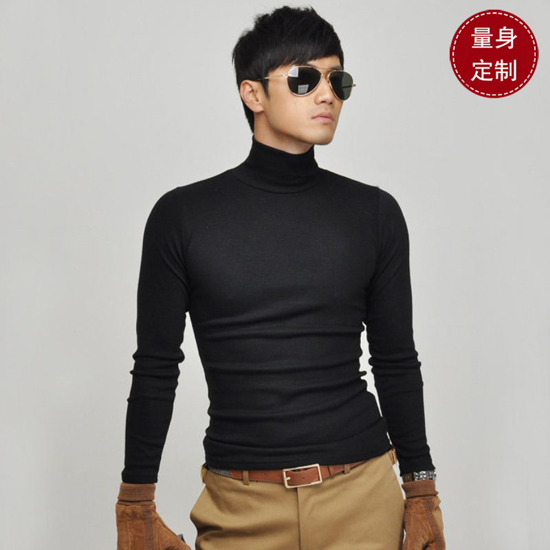 定制韩版男士修身高领长袖T恤男纯色打底衫纯棉紧身秋季休闲上衣