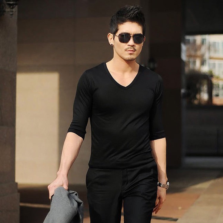 定制韩版秋季男士修身v领七分袖T恤纯棉紧身打底衫7分袖半袖上衣