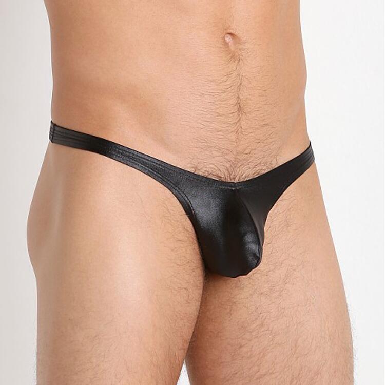 男士U凸低腰紧身皮革丁字内裤