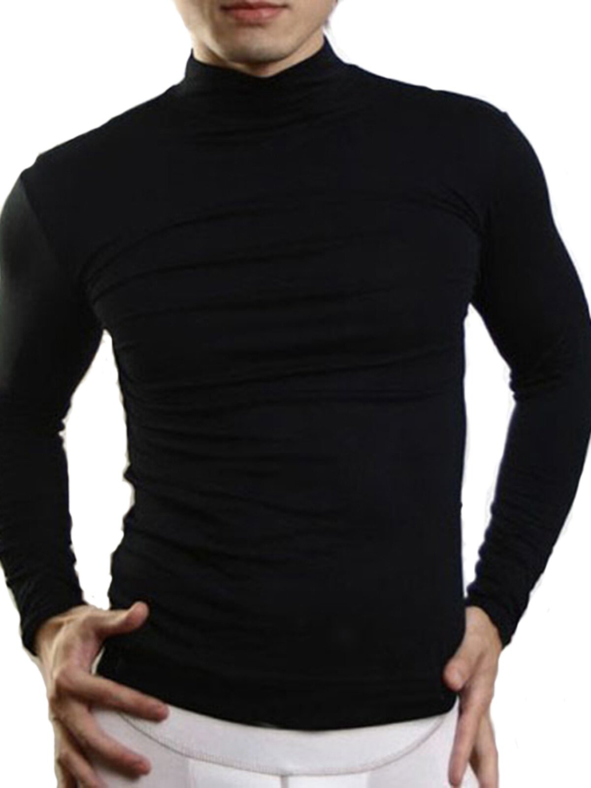 CUSTOM FALL MENS SKINNY HALF-HIGH NECK LONG SLEEVE T-SHIRT HIGH NECK UNDERWEAR COTTON THERMAL BASE LAYER SOLID COLOR THIN STYLE