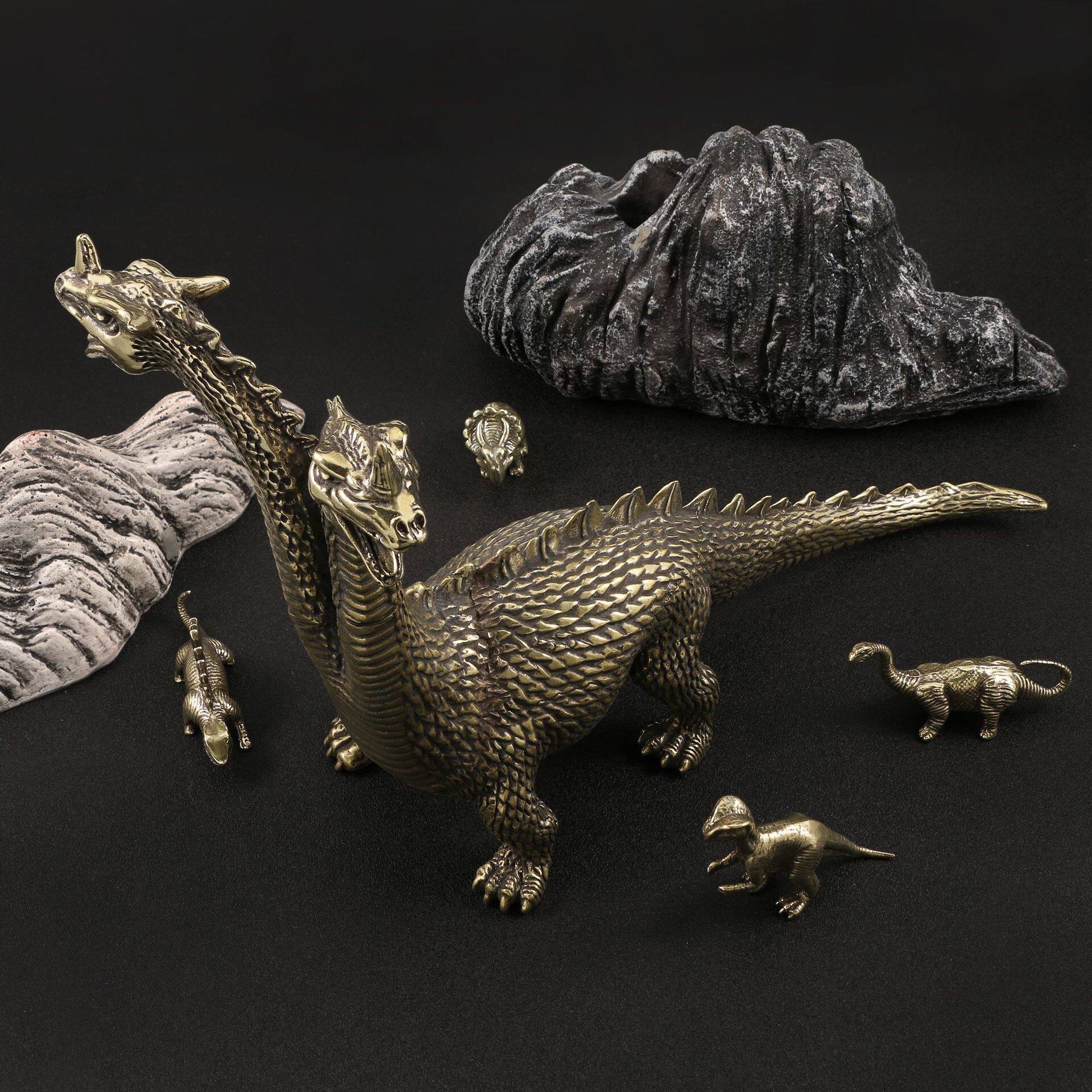 跨境双头龙水怪怪兽仿古玩做旧黄铜摆件客厅书房古董店工艺品