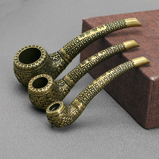 仿古玩复古纯铜烟斗手工黄铜老式 烟枪士金属烟具工艺品收藏摆件