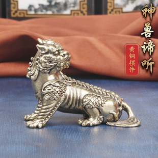 黄铜谛听神兽桌面摆件地藏坐骑瑞兽铜雕摆饰文玩茶宠老铜器