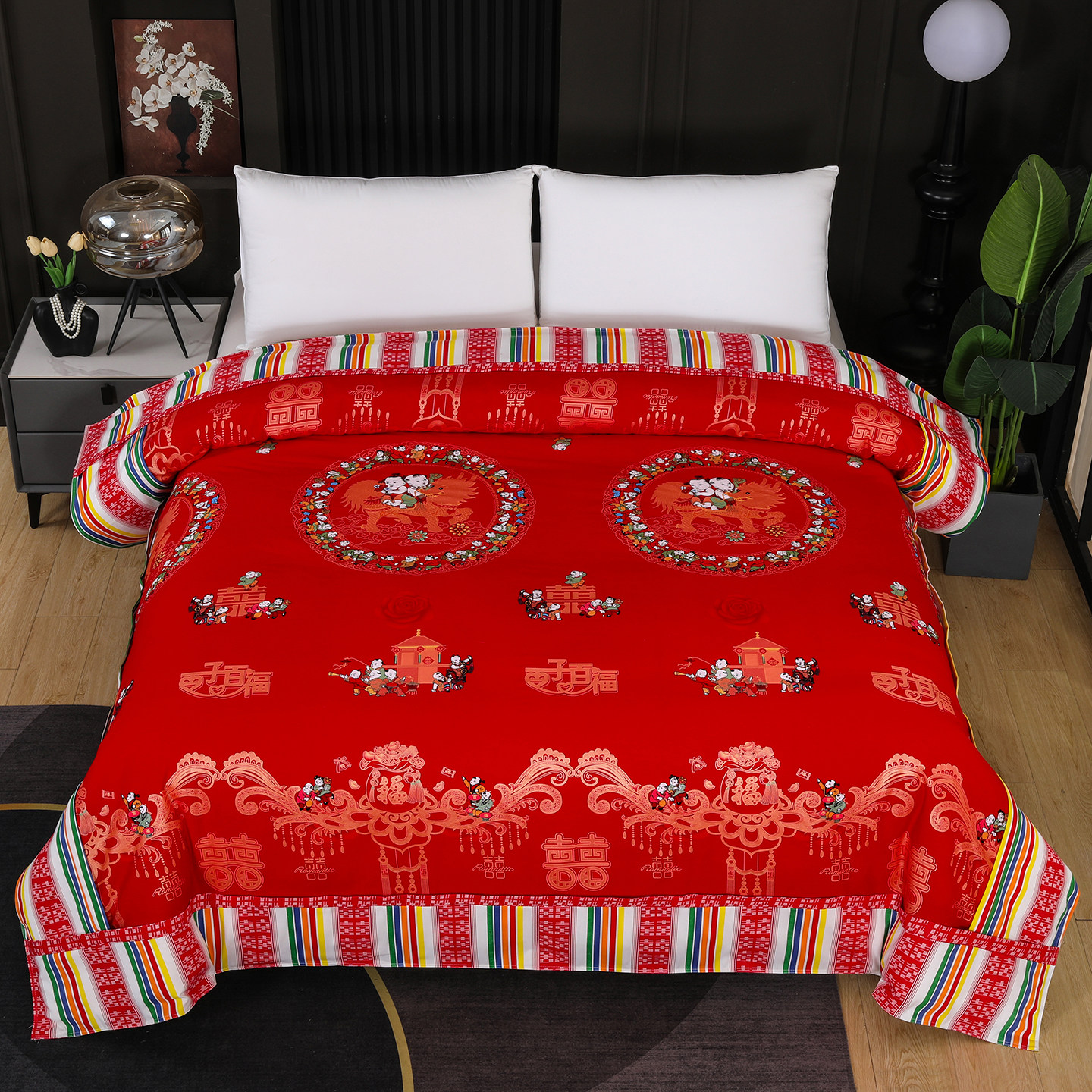 雅鹿家纺2026新款婚庆经典结婚被单龙凤百子被套老粗布100%全棉