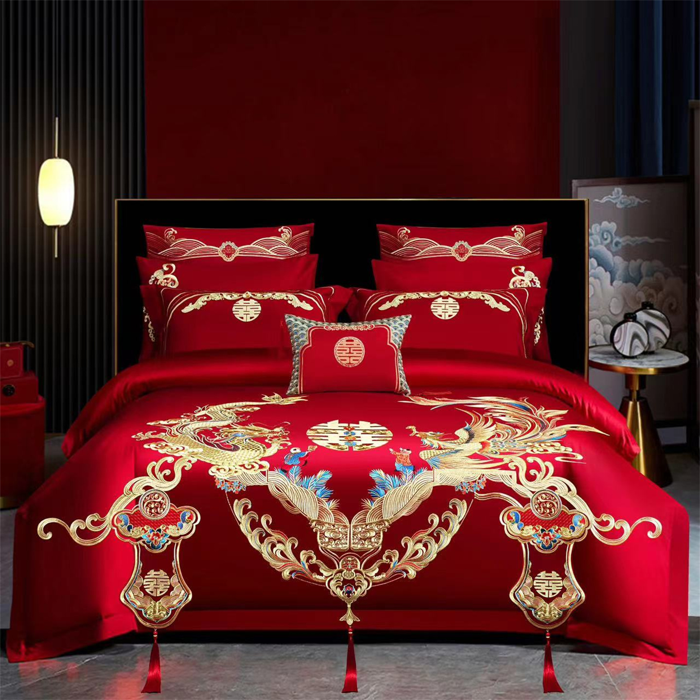 雅鹿2026新款长绒棉全棉贡缎提花款中式精美刺绣婚庆四件套红结婚