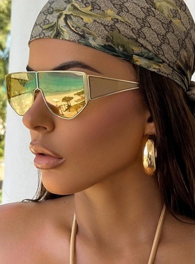 欧美跨境新款时尚墨镜金属一体镜片披头士风ins潮流大框太阳镜女