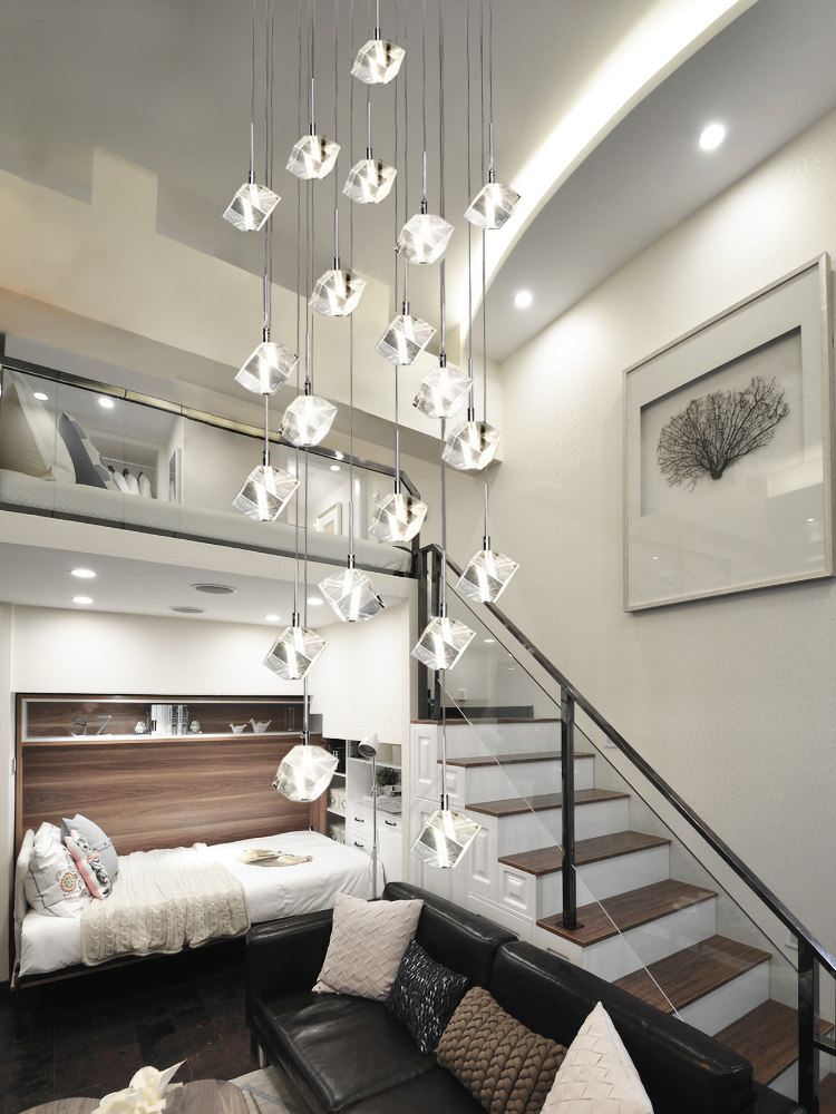 楼梯间吊灯隔楼别墅公寓复式跃层loft现代简约挑空客厅水晶长吊灯