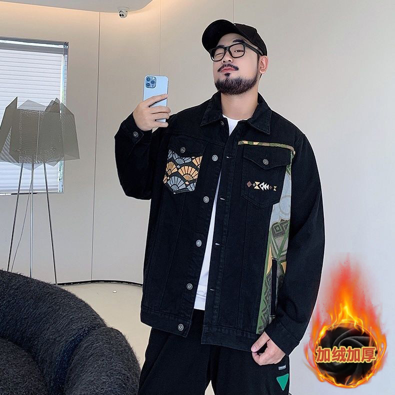 大码男民族风加绒牛仔外套休闲