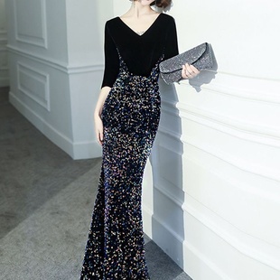 黑色亮片长裙主持人礼服女鱼尾裙轻奢宴会晚礼服轻奢小众轻奢性感