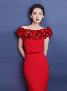 名星同款红色礼服裙高级质感轻奢敬酒服修身显瘦小众鱼尾宴会长裙