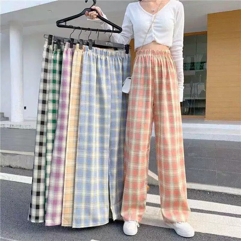 包邮2026格子裤女裤春季垂感直筒裤粉色宽松睡裤薄高腰格子阔腿裤