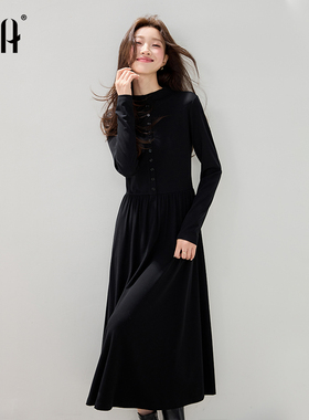 OSA欧莎法式长袖黑色连衣裙女2025年冬季新款气质高级感内搭长裙