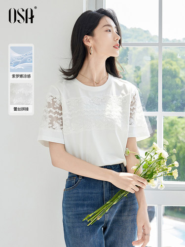 OSA欧莎夏季新款蕾丝拼接短袖