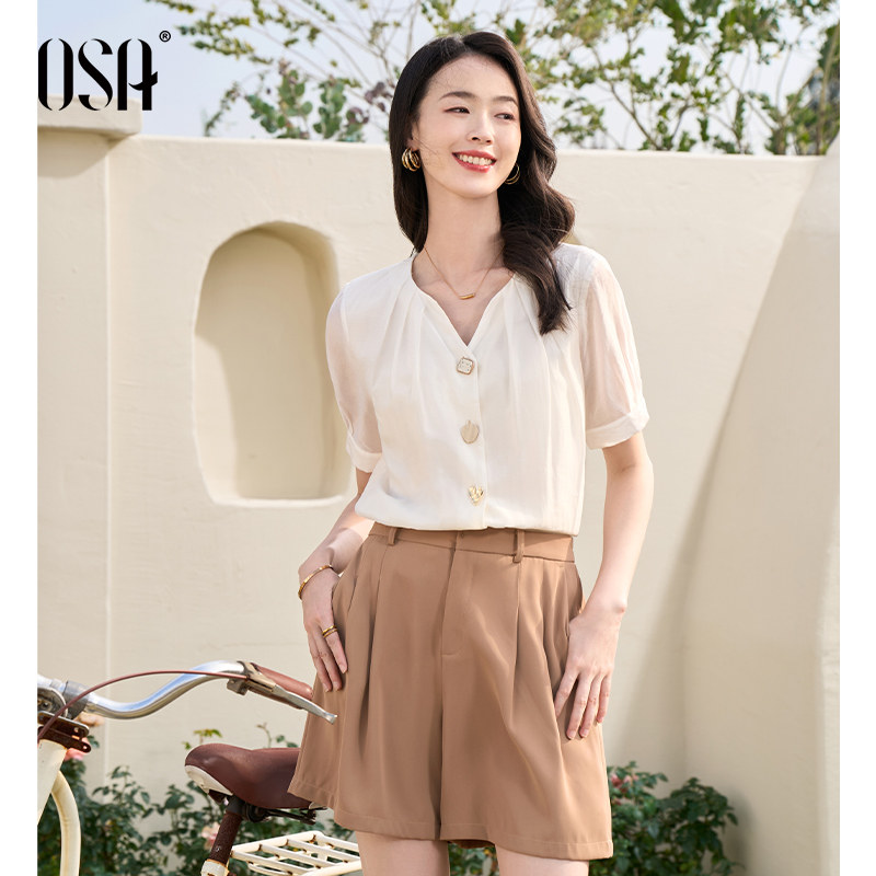 OSA欧莎职业OL短袖雪纺衬衫上衣女2025年夏季新款通勤气质V领衬衣