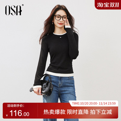 OSA欧莎撞色假两件收腰T恤
