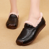 清仓冬季 加绒保暖真皮妈妈棉鞋 毛毛鞋 断码 女外穿平底豆豆小皮鞋 冬