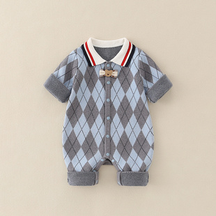 婴儿衣服纯棉针织连体毛衣秋冬男宝宝英伦风满月帅气爬服绅士套装