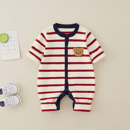 单排扣长爬纯棉秋冬条纹毛衣