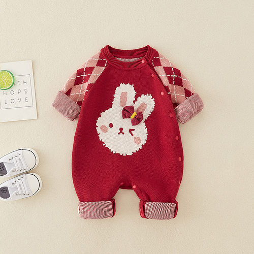 斜开连体衣纯棉秋冬小兔子爬服