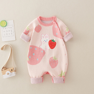 婴儿衣服满月公主服秋冬女宝宝连体毛衣可爱网红爬服粉色周岁套装