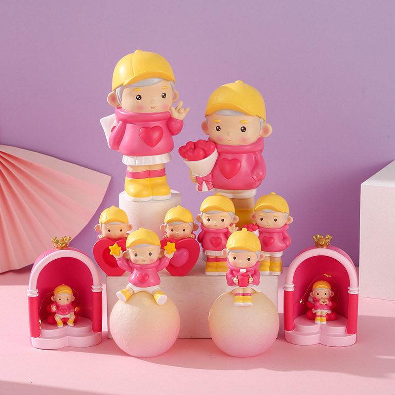 卡通情侣心心相印树脂迷你摆件儿童床头小夜灯车载书桌小摆件